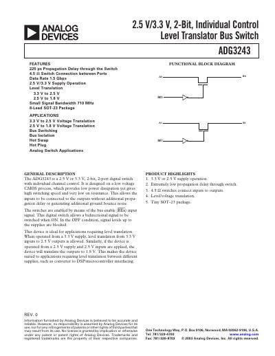 Analog Devices ADG3243 Level Translator Bus Switch Datasheet
