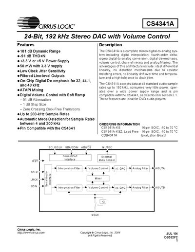 Cirrus Logic CS4341A Stereo DAC Handbook - cover page