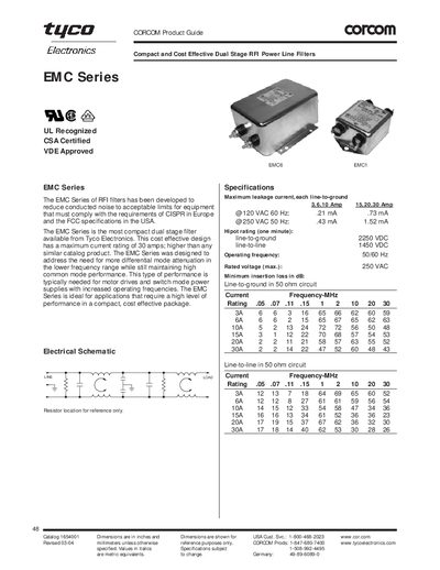 Tyco Electronics EMC Series RFI Power Line Filter Datasheet - cover page