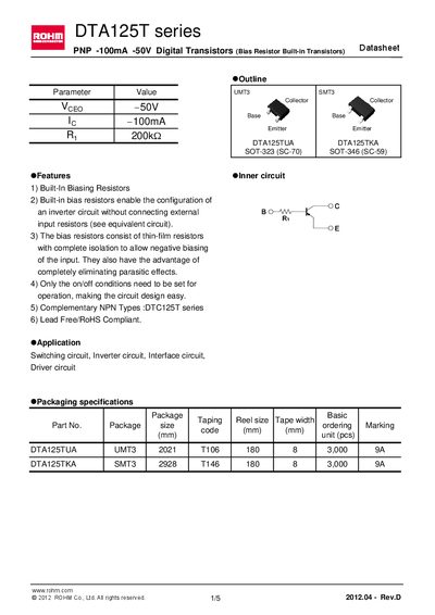 ROHM DTA125TUA Datasheet - cover page