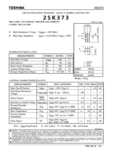 Toshiba 2SK373 Datasheet - cover page