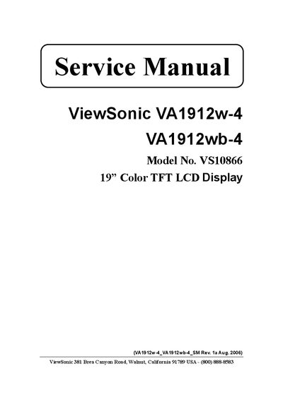ViewSonic VA1912w-4 VA1912wb-4 VS10866 19 Color TFT LCD Display Service Manual - cover page