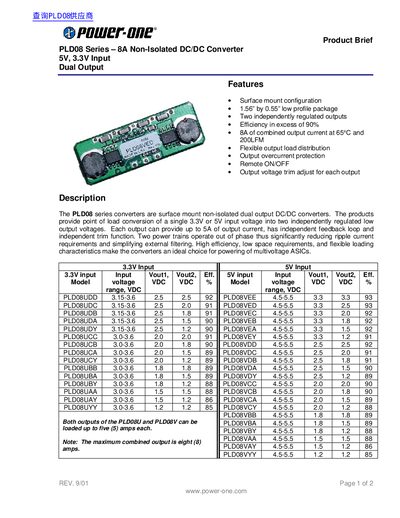 Power-One PLD08 Series Non-Isolated DC/DC Converter Datasheet - cover page