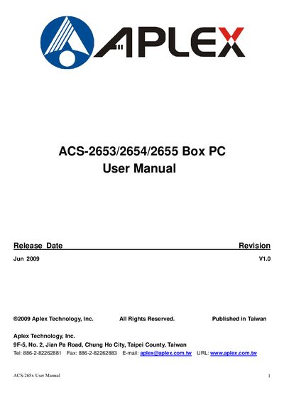 Aplex ACS-2653/2654/2655 Box PC User Manual - cover page