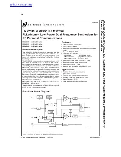 National Semiconductor LMX2330L/LMX2331L/LMX2332L PLLatinum Low Power Dual Frequency Synthesizer Datasheet - cover page