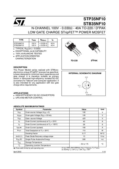 STMicroelectronics STP35NF10 / STB35NF10 Datasheet - cover page