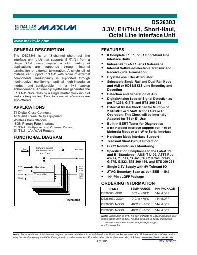 MAXIM DS26303 3.3V E1/T1/J1 Short-Haul Octal Line Interface Unit Manual - cover page