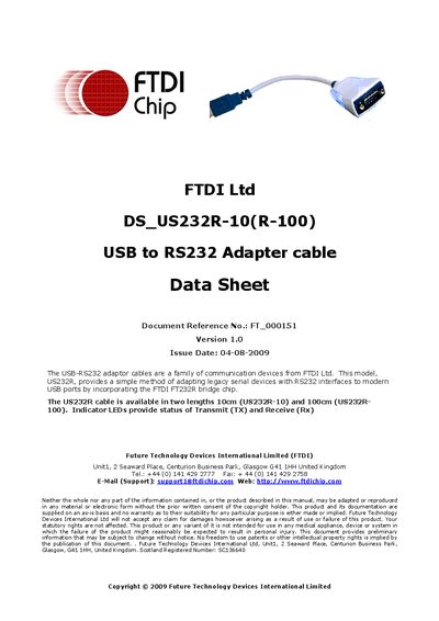 FTDI Ltd DS_US232R-10(R-100) USB to RS232 Adapter cable Data Sheet  - cover page