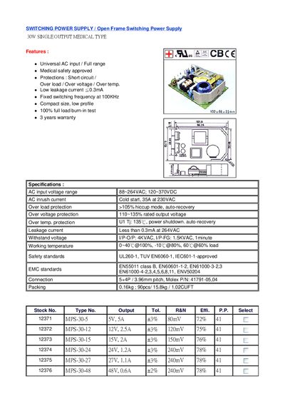 Lynx MPS-30 Series Open Frame Switching Power Supply 30W Medical Type Manual - cover page