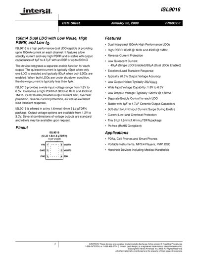 Intersil ISL9016 Dual LDO Datasheet - cover page