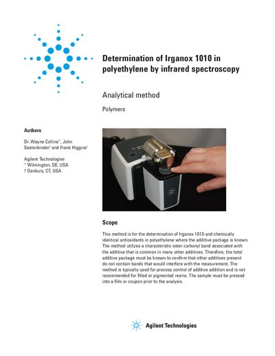 Agilent Determination of Irganox 1010 in Polyethylene by Infrared Spectroscopy Application Note - cover page