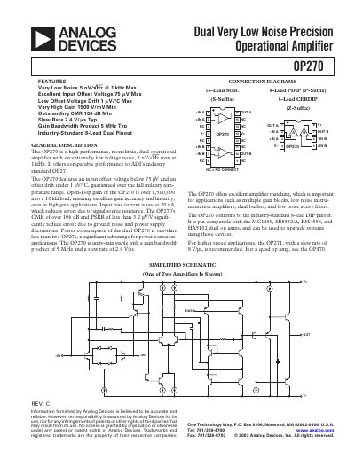 Analog Devices OP270 Dual Operational Amplifier Datasheet - cover page