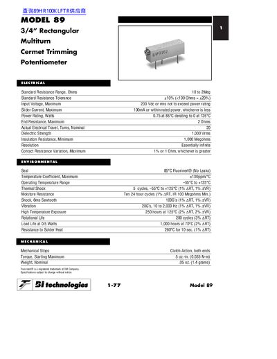 Bi Technologies Model 89 Cermet Trimming Potentiometer Datasheet - cover page