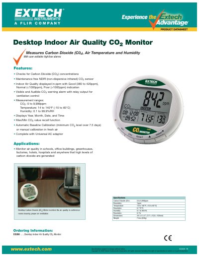 Extech CO200 Desktop Indoor Air Quality CO2 Monitor Specifications Sheet - cover page