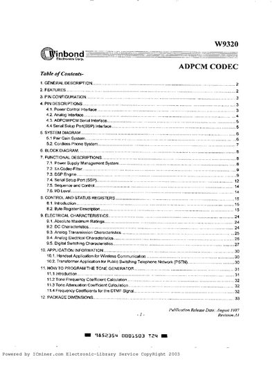 Winbond W9320 ADPCM CODEC Datasheet - cover page