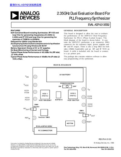 ANALOG DEVICES 2.35GHz Dual Evaluation Board For PLL Frequency Synthesizer EVAL-ADF4213EB2 Manual - cover page