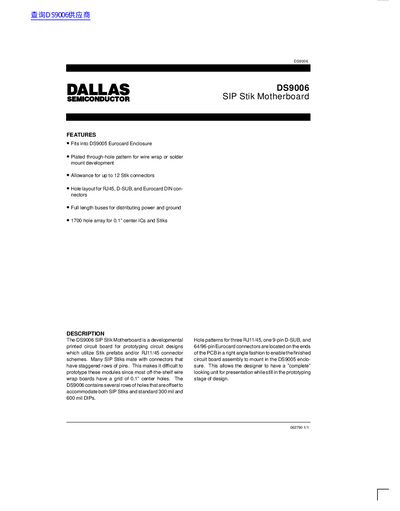 Dallas Semiconductor DS9006 SIP Stik Motherboard Product Datasheet - cover page
