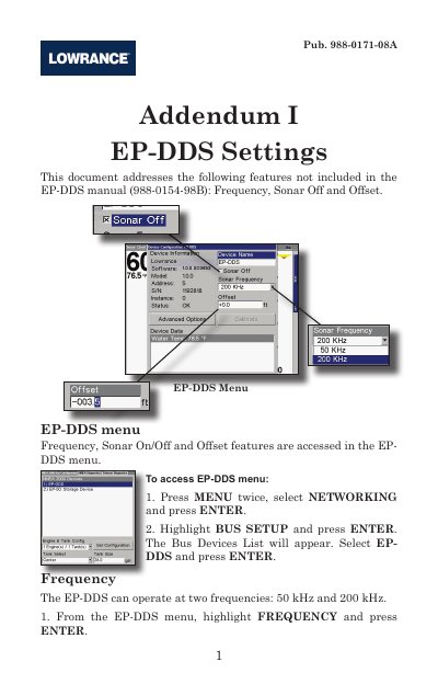 Lowrance EP-DDS Addendum I Settings Manual - cover page
