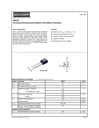 Fairchild BS270 N-Channel Enhancement Mode Field Effect Transistor Datasheet - cover page