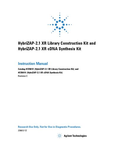 Agilent HybriZAP-2.1 XR Library Construction Kit and cDNA Synthesis Kit Instruction Manual