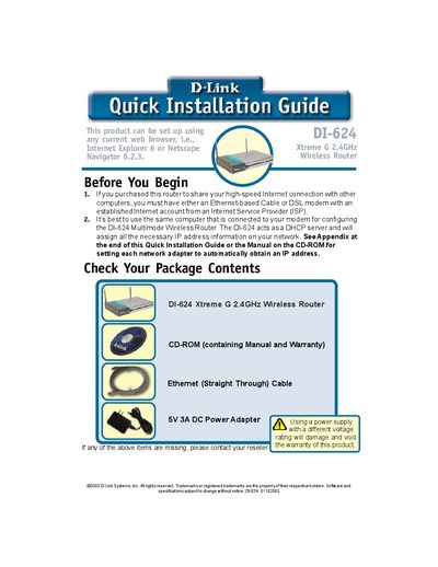 D-Link DI-624 Wireless Router Quick Installation Guide
