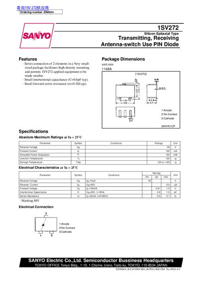 Sanyo 1SV272 Silicon Epitaxial Type Transmitting/Receiving Antenna-Switch PIN Diode Datasheet - cover page