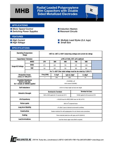 MHB Radial Leaded Polypropylene Film Capacitors Data Sheet