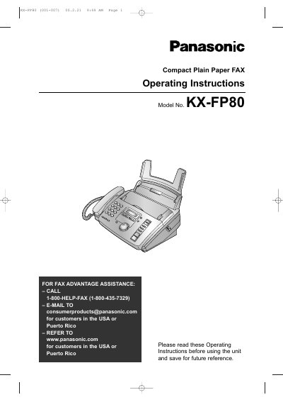Panasonic KX-FP80 Compact Plain Paper Fax Operating Instructions - cover page