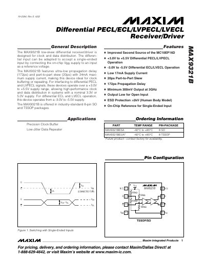 Maxim Integrated MAX9321B Differential Receiver/Driver Datasheet - cover page