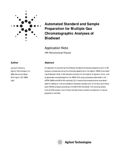 Agilent 7693A ALS Biodiesel Standard and Sample Preparation Application Note - cover page