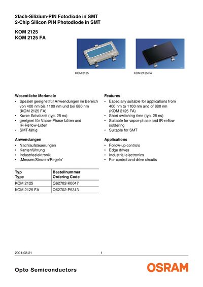 OSRAM KOM 2125 KOM 2125 FA 2fach-Silizium-PIN Fotodiode in SMT 2-Chip Silicon PIN Photodiode in SMT handbook - cover page