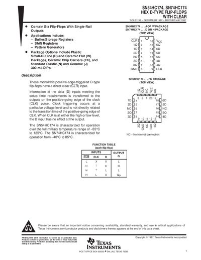 Texas Instruments SN54HC174 & SN74HC174 Hex D-Type Flip-Flops with Clear Datasheet - cover page