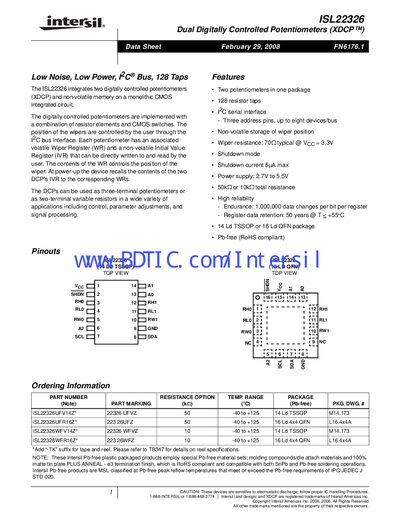 Intersil ISL22326 Dual Digitally Controlled Potentiometer Datasheet - cover page