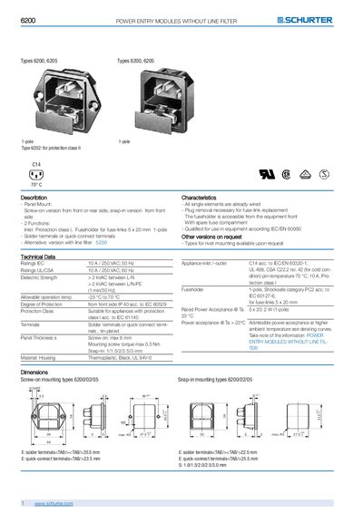 SCHURTER Types 6200 6205 1-pole Type 6202: for protection class II Types 6200 6205 - cover page