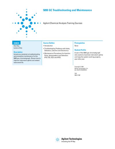 Agilent 5890 GC Troubleshooting Maintenance (H2603A) handbook - cover page