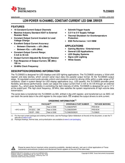Texas Instruments TLC59025 Low-Power 16-Channel Constant-Current LED Sink Driver Datasheet - cover page