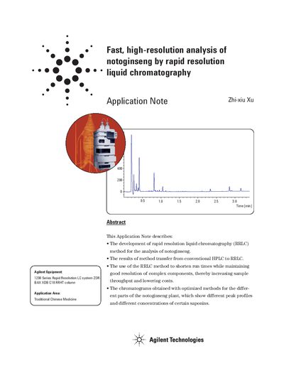 Agilent Technologies Application Note Zhi-xiu Xu Fast high-resolution analysis of notoginseng by rapid resolution liquid - cover page