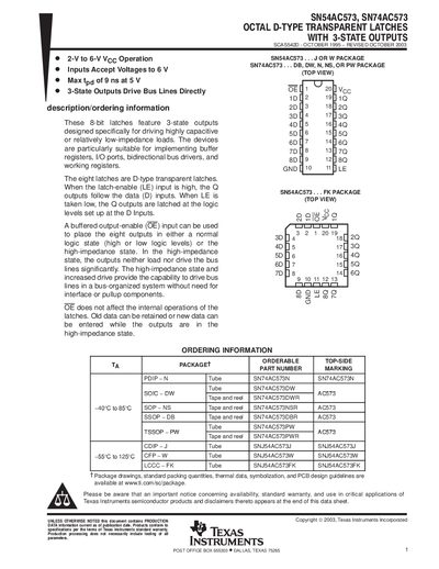 Texas Instruments SN54AC573 / SN74AC573 Datasheet - cover page