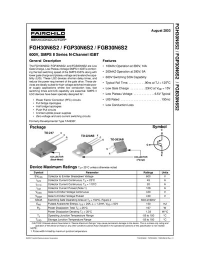 Fairchild FGH30N6S2 / FGP30N6S2 / FGB30N6S2 IGBT Datasheet - cover page