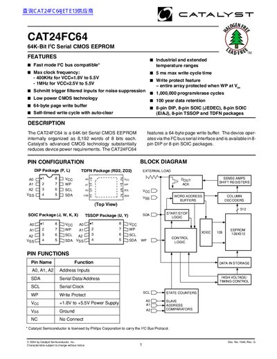 Catalyst CAT24FC64 64K-Bit Serial CMOS EEPROM Datasheet - cover page
