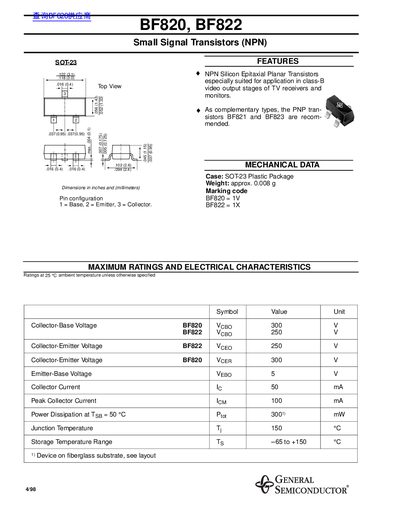 General Semiconductor BF820/BF822 Small Signal Transistor Datasheet - cover page
