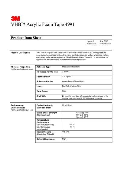 3M 4991 Acrylic Foam Tape Product Data Sheet - cover page