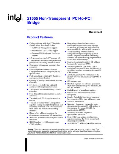 Intel 21555 Non-Transparent PCI-to-PCI Bridge Datasheet - cover page