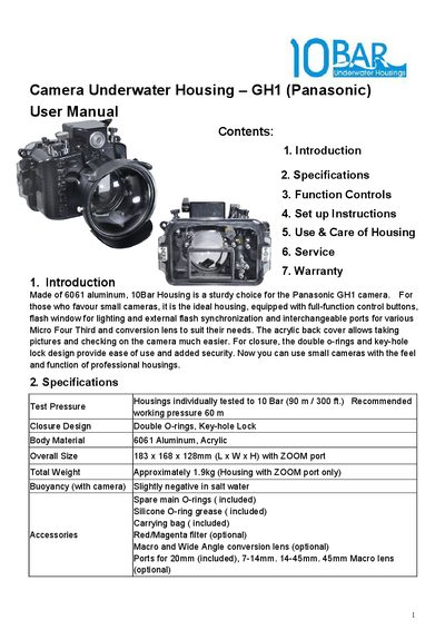 10Bar GH1 Underwater Housing User Manual