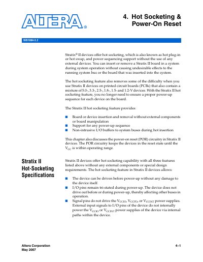 Altera Stratix II Hot Socketing and Power-On Reset Guide - cover page