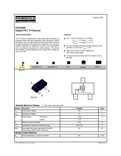Fairchild FDV304P Digital FET P-Channel Datasheet - cover page