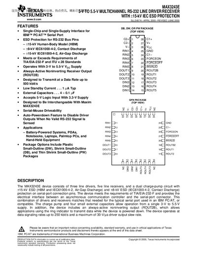 Texas Instruments MAX3243E RS-232 Line Driver/Receiver Datasheet - cover page