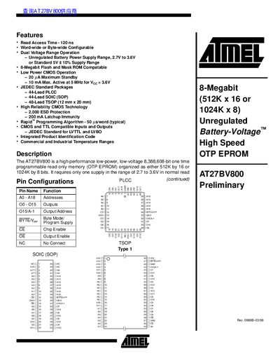 Atmel AT27BV800 Datasheet - cover page