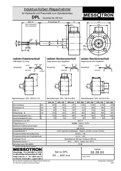 MESSOTRON DPL Inductive Rod Displacement Sensor Product Data Sheet
