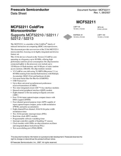 Freescale MCF52211 ColdFire Microcontroller Data Sheet - cover page